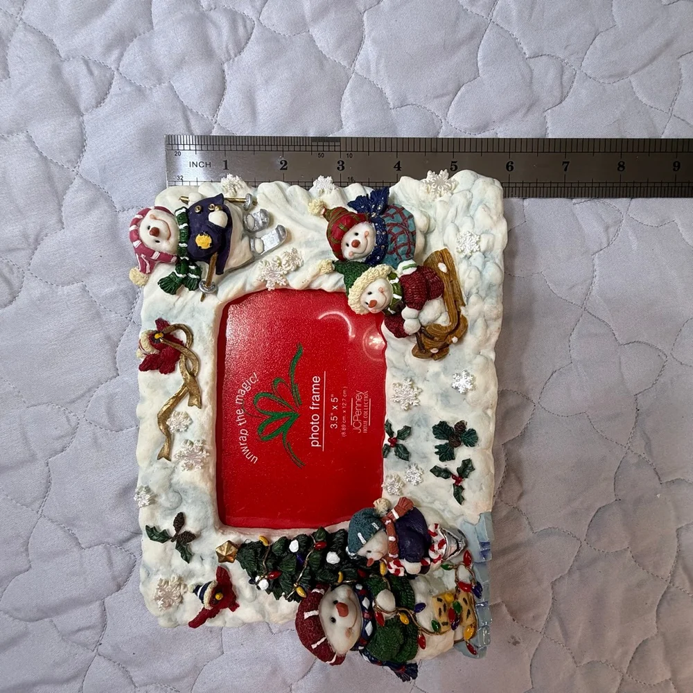 JCPenney Christmas Snowman Picture Frame 3.5 5” White Red